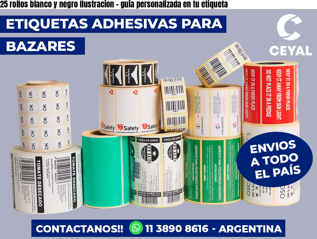 25 rollos blanco y negro Ilustracion – guía personalizada en tu etiqueta