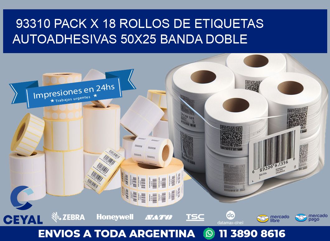 93310 PACK X 18 ROLLOS DE ETIQUETAS AUTOADHESIVAS 50X25 BANDA DOBLE