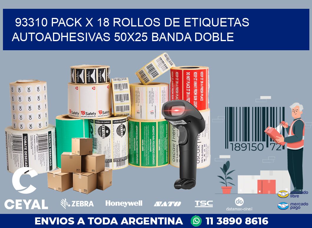 93310 PACK X 18 ROLLOS DE ETIQUETAS AUTOADHESIVAS 50X25 BANDA DOBLE