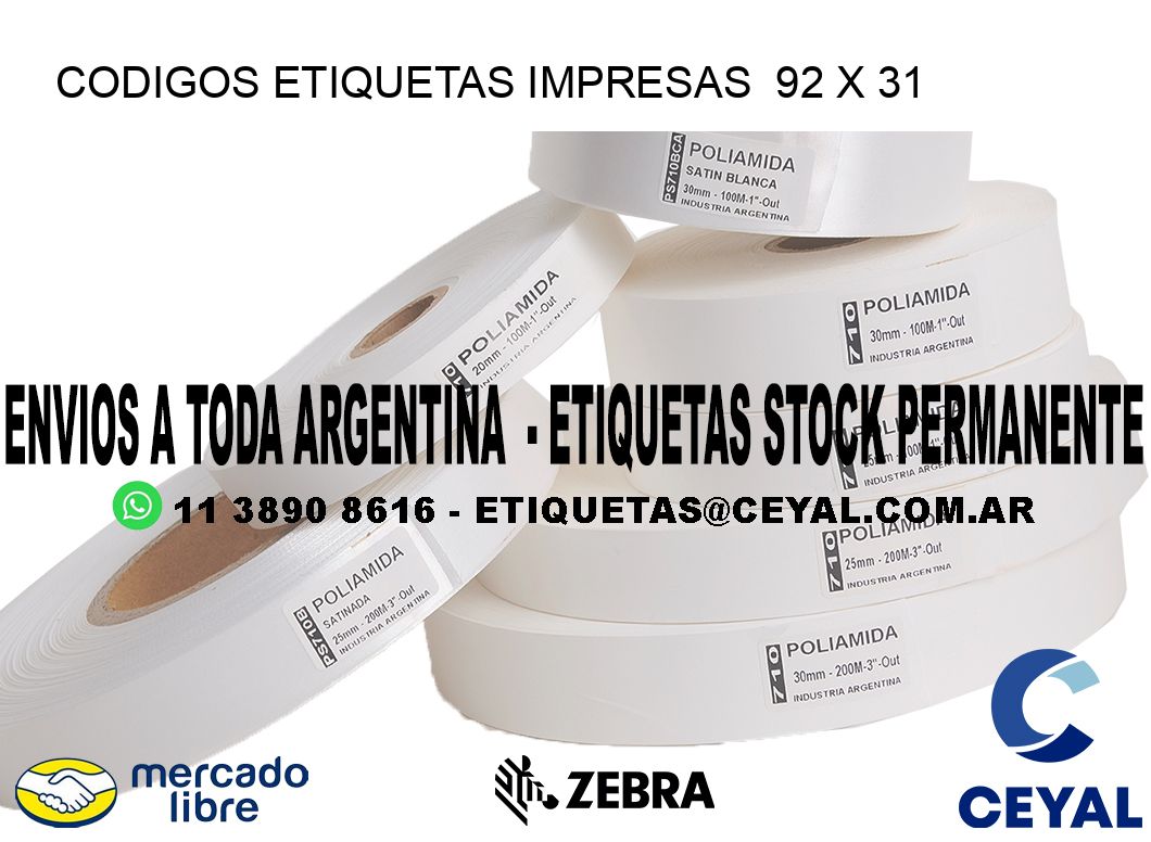 CODIGOS ETIQUETAS IMPRESAS  92 x 31