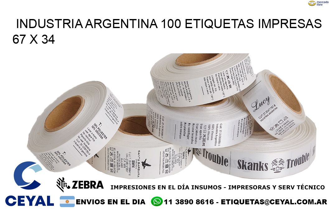 INDUSTRIA ARGENTINA 100 ETIQUETAS IMPRESAS  67 x 34