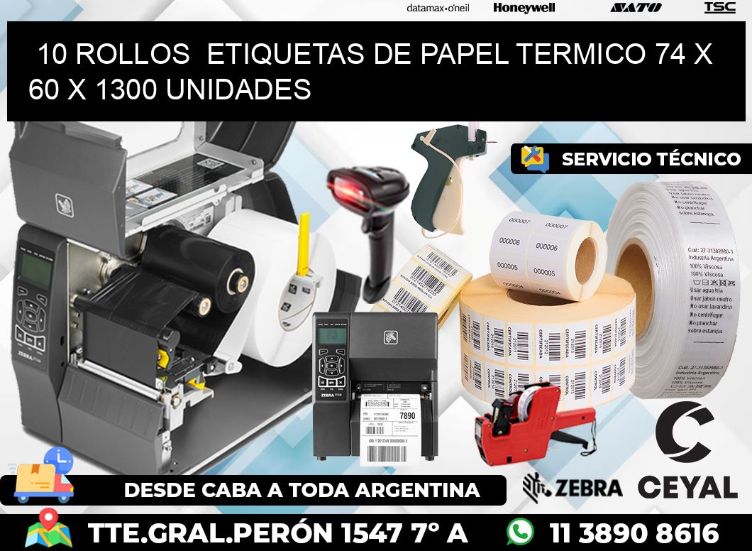 10 ROLLOS  ETIQUETAS DE PAPEL TERMICO 74 x 60 X 1300 UNIDADES