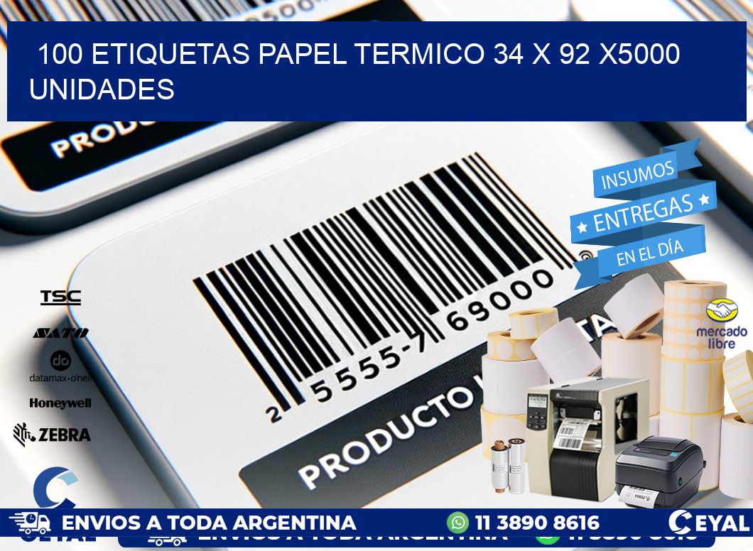 100 ETIQUETAS PAPEL TERMICO 34 x 92 X5000 UNIDADES