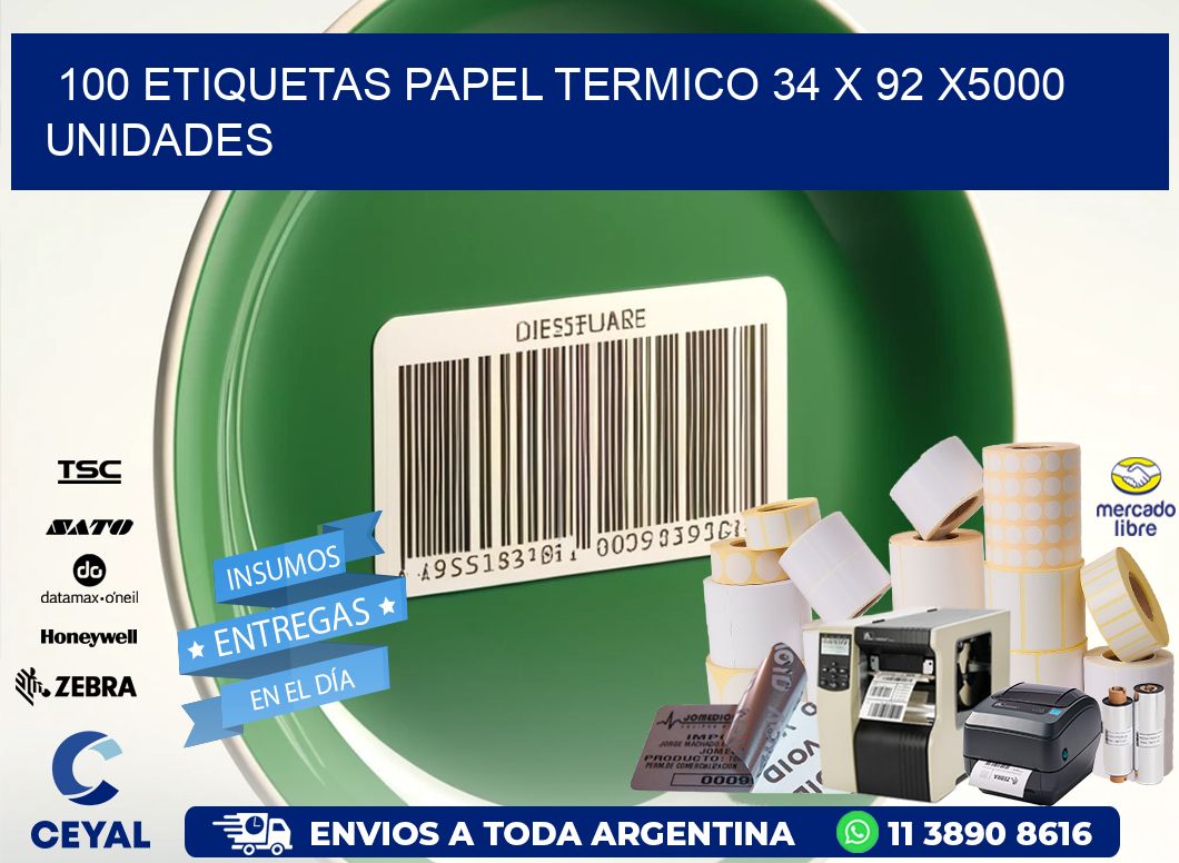 100 ETIQUETAS PAPEL TERMICO 34 x 92 X5000 UNIDADES