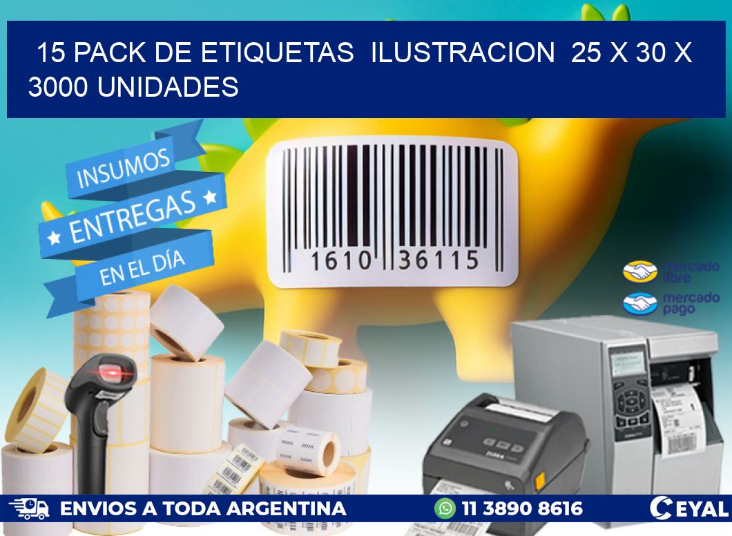 15 PACK DE ETIQUETAS  ILUSTRACION  25 x 30 X 3000 UNIDADES