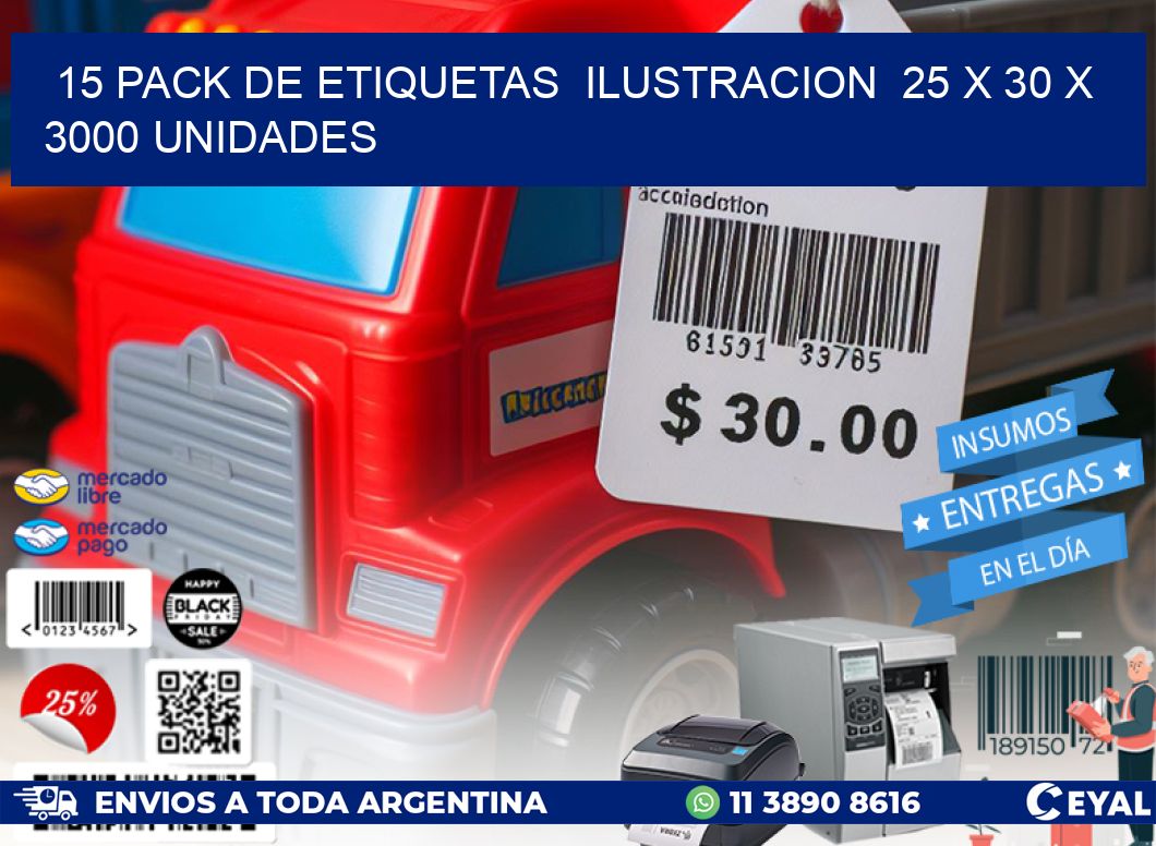 15 PACK DE ETIQUETAS  ILUSTRACION  25 x 30 X 3000 UNIDADES