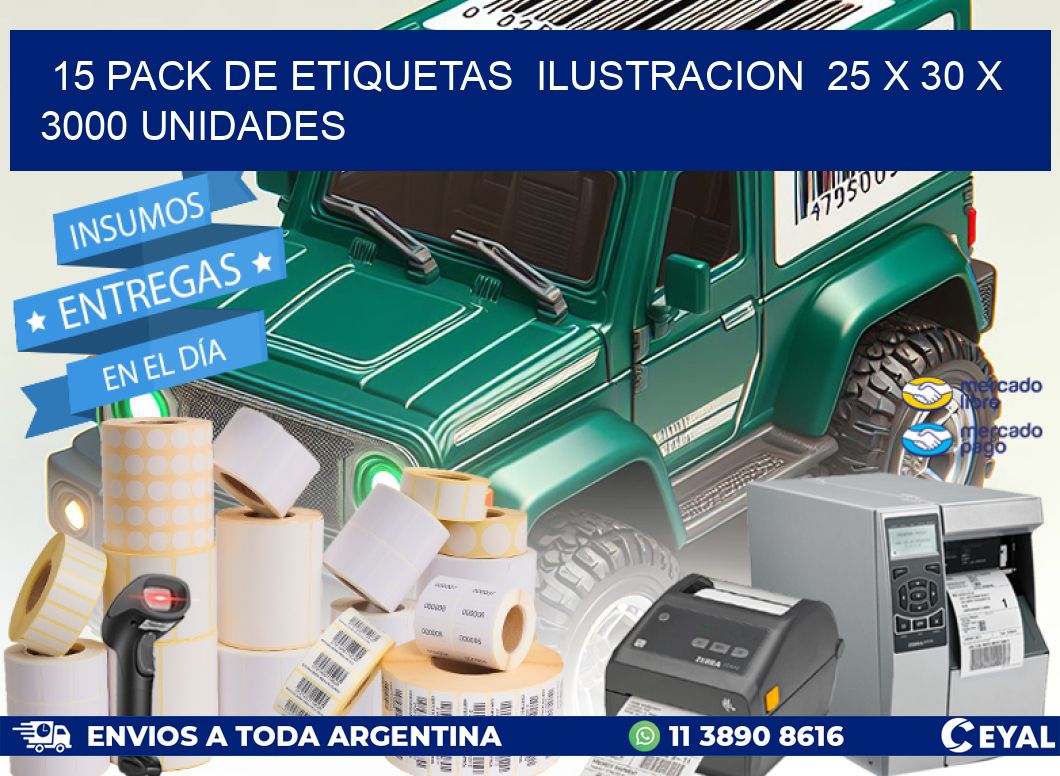 15 PACK DE ETIQUETAS  ILUSTRACION  25 x 30 X 3000 UNIDADES