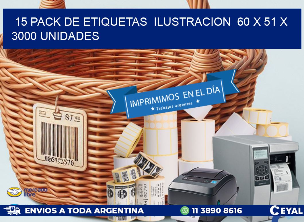 15 PACK DE ETIQUETAS  ILUSTRACION  60 x 51 X 3000 UNIDADES