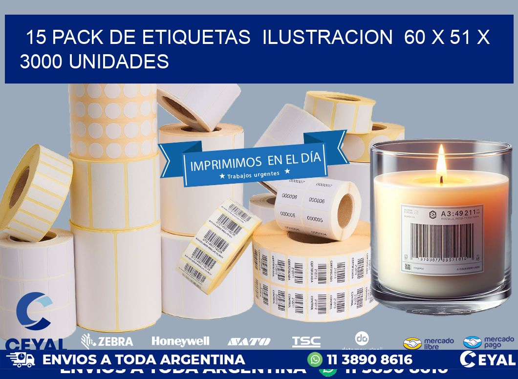 15 PACK DE ETIQUETAS  ILUSTRACION  60 x 51 X 3000 UNIDADES