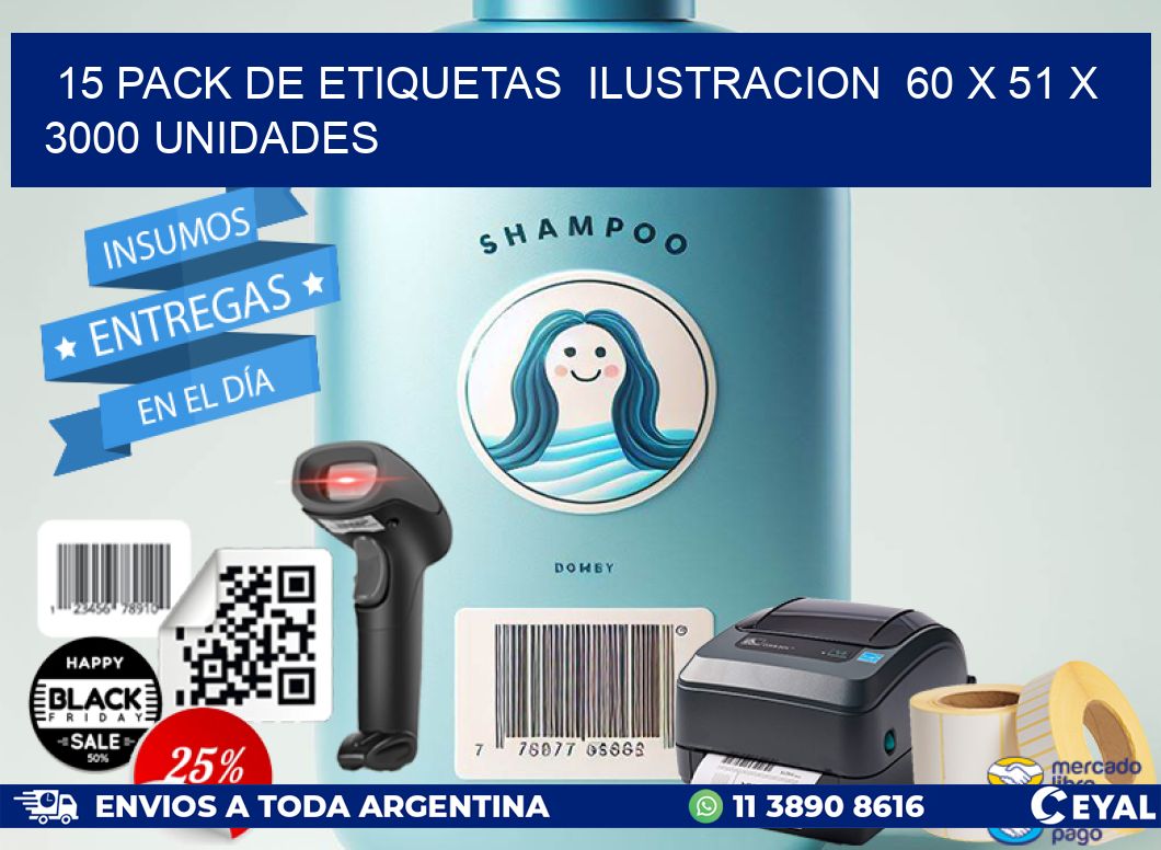 15 PACK DE ETIQUETAS  ILUSTRACION  60 x 51 X 3000 UNIDADES