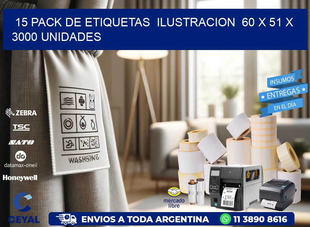 15 PACK DE ETIQUETAS  ILUSTRACION  60 x 51 X 3000 UNIDADES