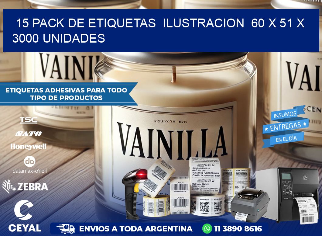 15 PACK DE ETIQUETAS  ILUSTRACION  60 x 51 X 3000 UNIDADES