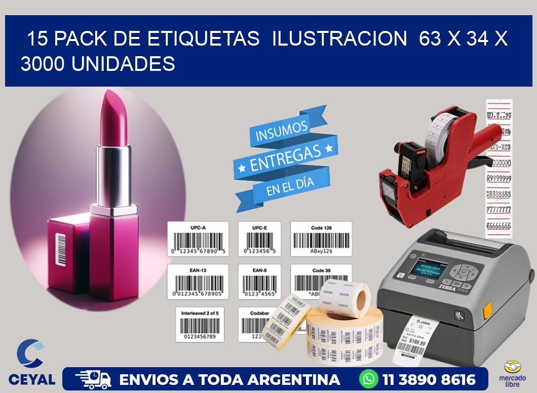 15 PACK DE ETIQUETAS  ILUSTRACION  63 x 34 X 3000 UNIDADES