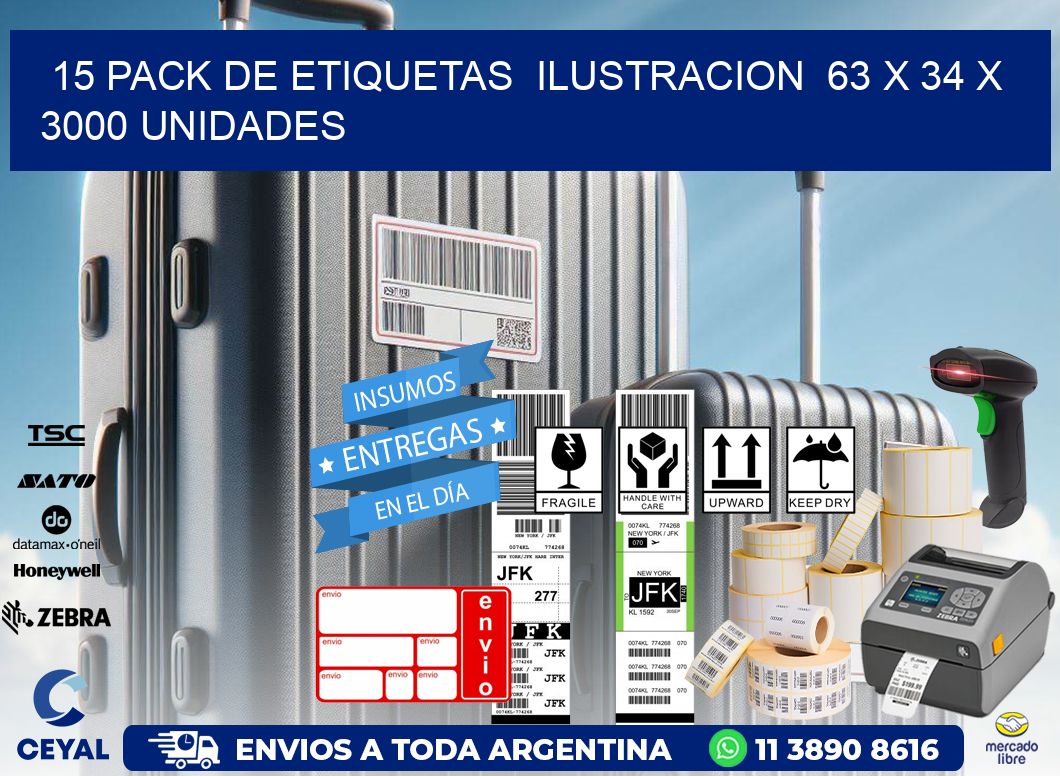 15 PACK DE ETIQUETAS  ILUSTRACION  63 x 34 X 3000 UNIDADES