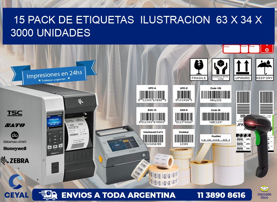 15 PACK DE ETIQUETAS  ILUSTRACION  63 x 34 X 3000 UNIDADES