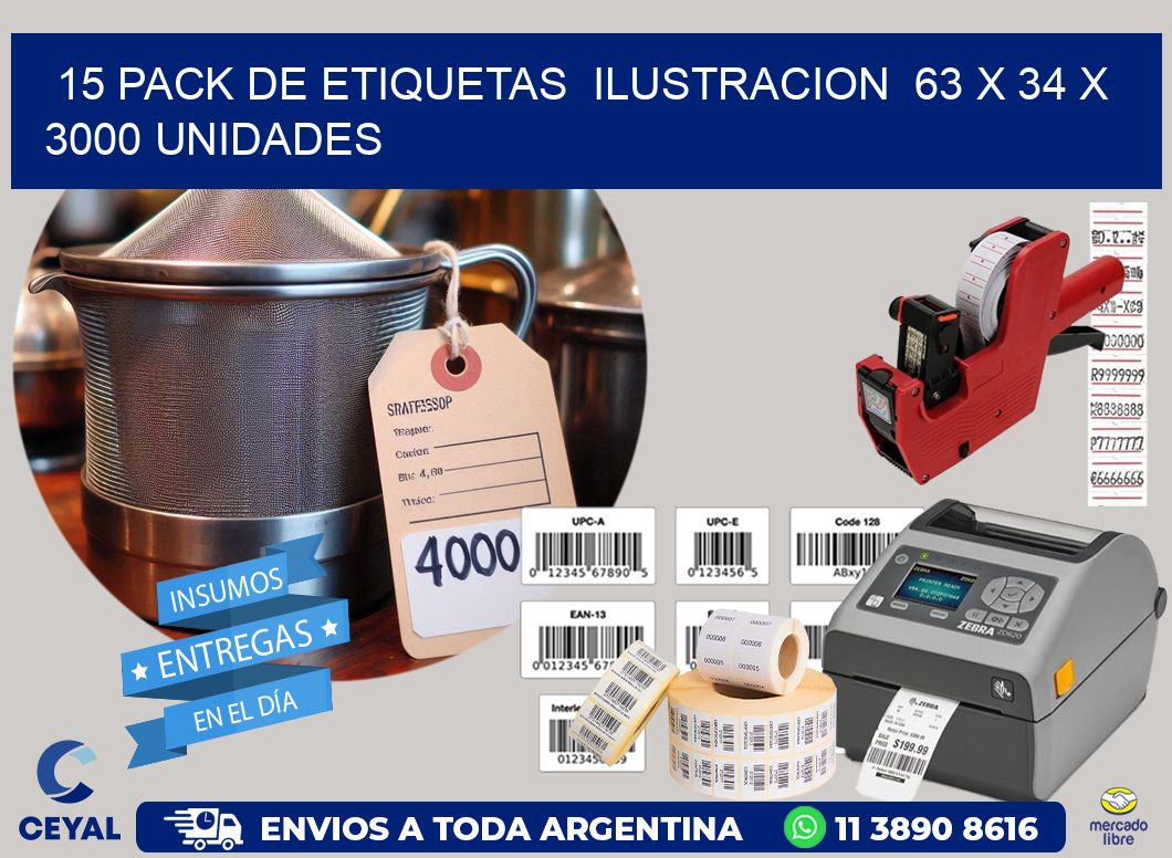 15 PACK DE ETIQUETAS  ILUSTRACION  63 x 34 X 3000 UNIDADES