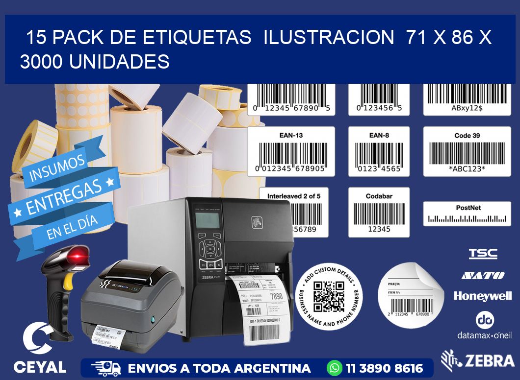 15 PACK DE ETIQUETAS  ILUSTRACION  71 x 86 X 3000 UNIDADES