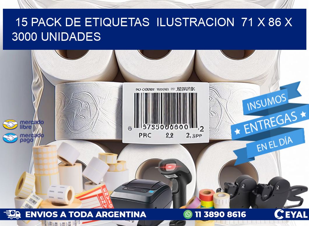 15 PACK DE ETIQUETAS  ILUSTRACION  71 x 86 X 3000 UNIDADES