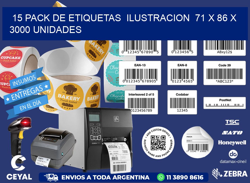 15 PACK DE ETIQUETAS  ILUSTRACION  71 x 86 X 3000 UNIDADES