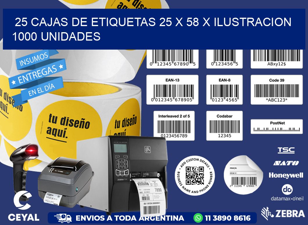 25 CAJAS DE ETIQUETAS 25 x 58 X ILUSTRACION 1000 UNIDADES