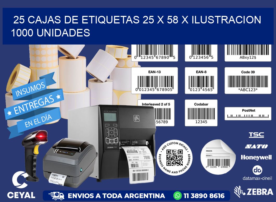 25 CAJAS DE ETIQUETAS 25 x 58 X ILUSTRACION 1000 UNIDADES