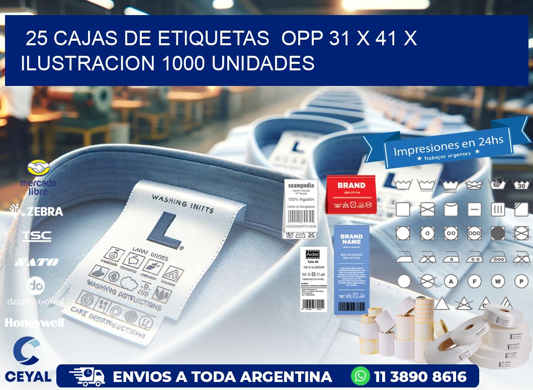 25 CAJAS DE ETIQUETAS  OPP 31 x 41 X ILUSTRACION 1000 UNIDADES