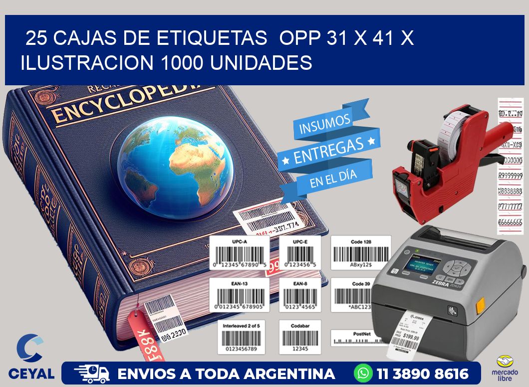 25 CAJAS DE ETIQUETAS  OPP 31 x 41 X ILUSTRACION 1000 UNIDADES