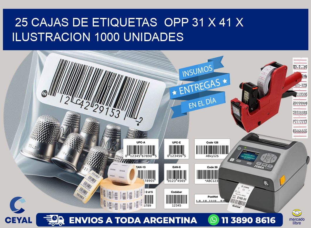 25 CAJAS DE ETIQUETAS  OPP 31 x 41 X ILUSTRACION 1000 UNIDADES