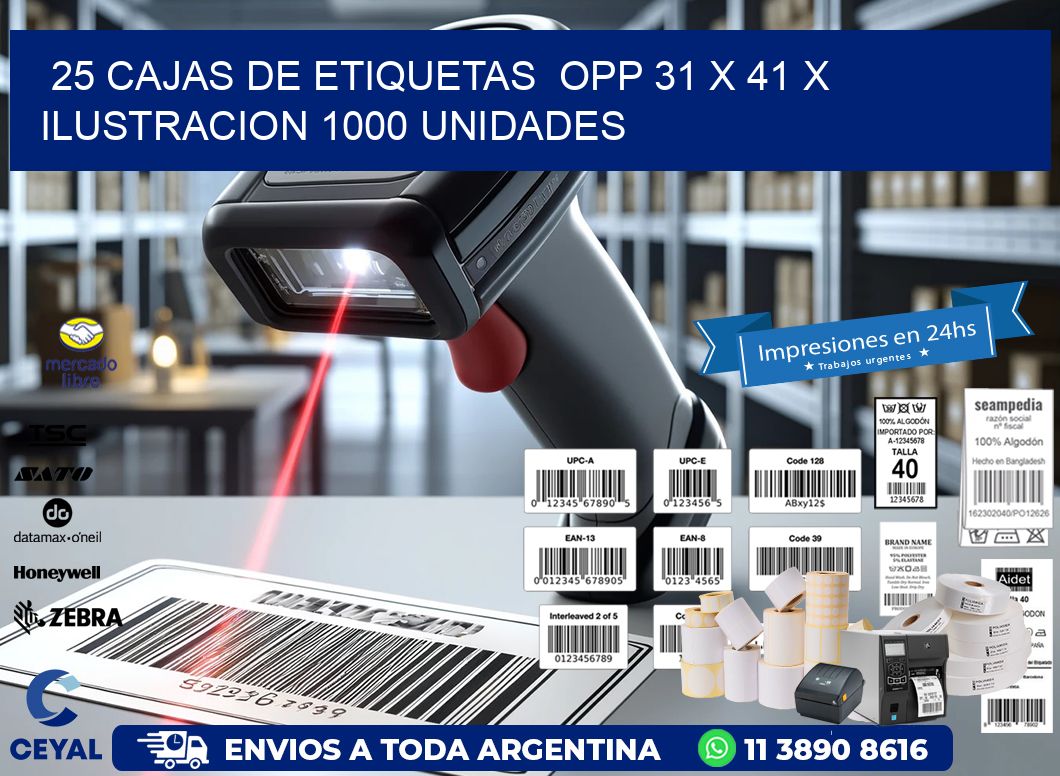 25 CAJAS DE ETIQUETAS  OPP 31 x 41 X ILUSTRACION 1000 UNIDADES