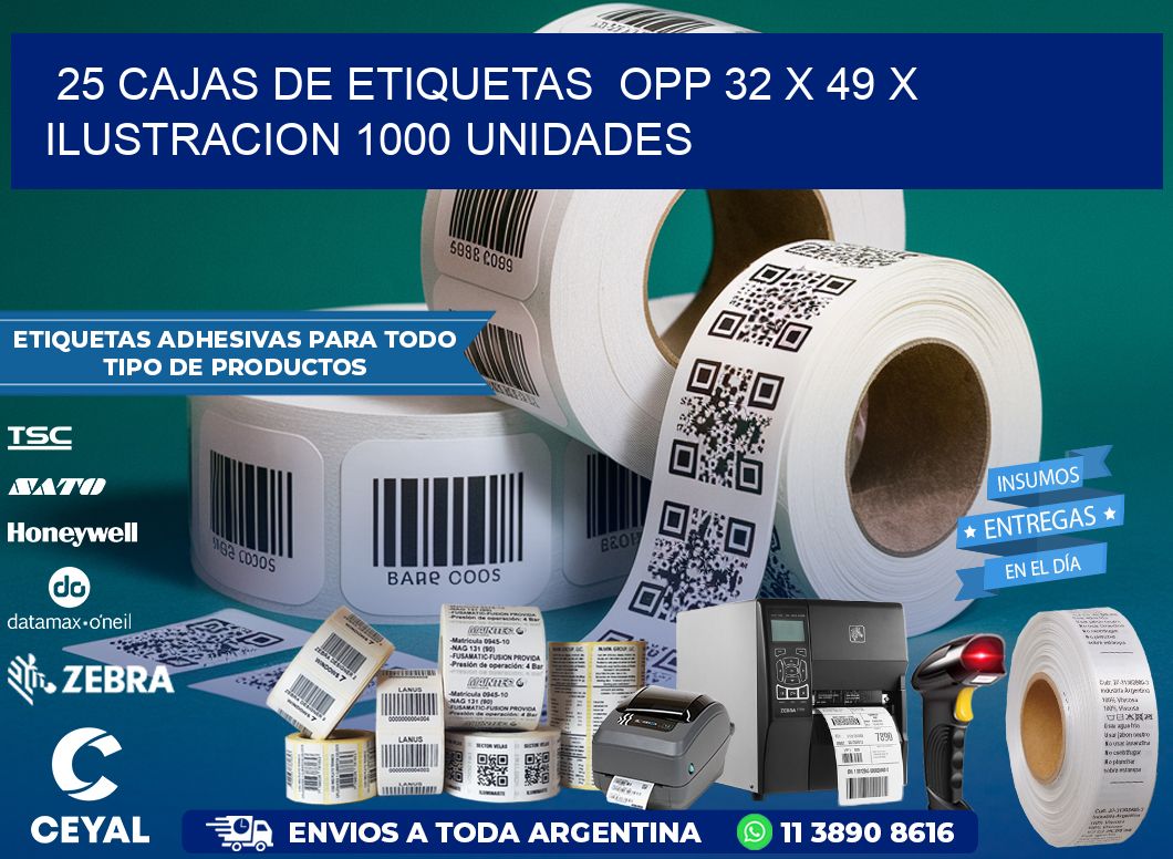 25 CAJAS DE ETIQUETAS  OPP 32 x 49 X ILUSTRACION 1000 UNIDADES