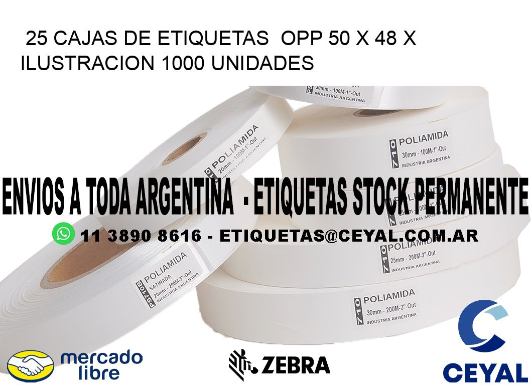 25 CAJAS DE ETIQUETAS  OPP 50 x 48 X ILUSTRACION 1000 UNIDADES