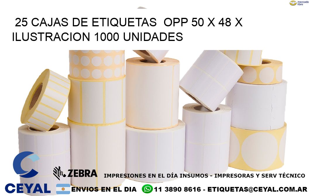 25 CAJAS DE ETIQUETAS  OPP 50 x 48 X ILUSTRACION 1000 UNIDADES