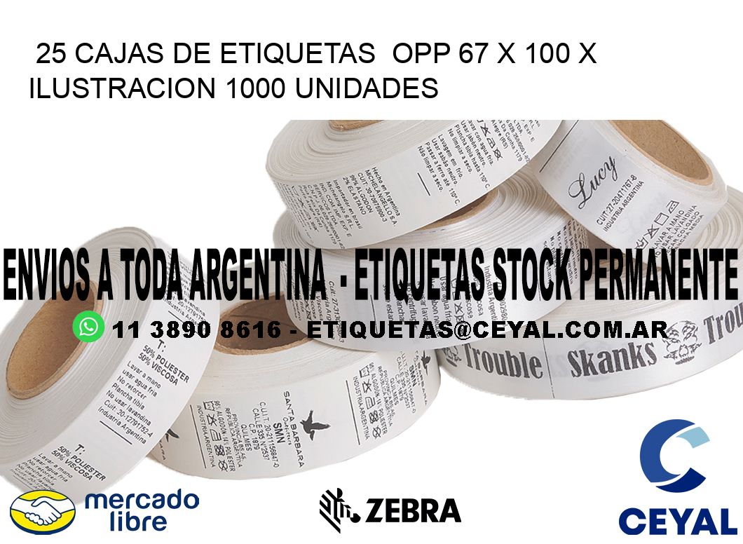 25 CAJAS DE ETIQUETAS  OPP 67 x 100 X ILUSTRACION 1000 UNIDADES