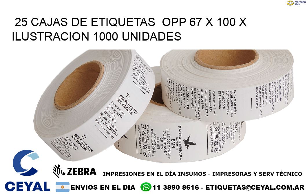 25 CAJAS DE ETIQUETAS  OPP 67 x 100 X ILUSTRACION 1000 UNIDADES