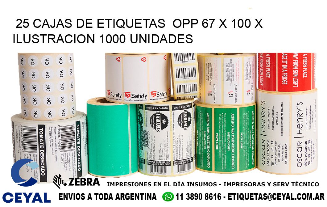 25 CAJAS DE ETIQUETAS  OPP 67 x 100 X ILUSTRACION 1000 UNIDADES