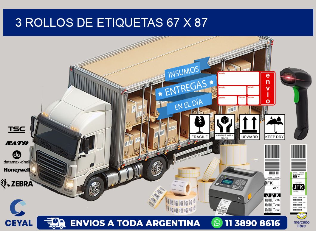 3 ROLLOS DE ETIQUETAS 67 x 87