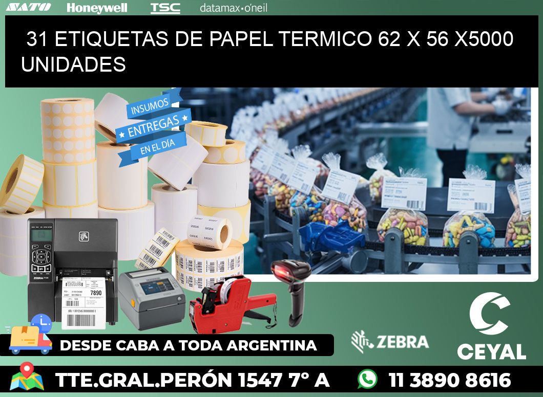 31 ETIQUETAS DE PAPEL TERMICO 62 x 56 X5000 UNIDADES