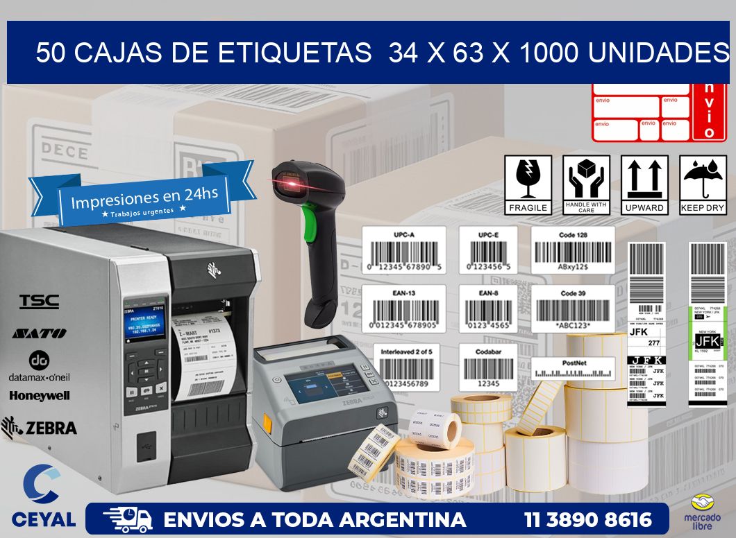 50 CAJAS DE ETIQUETAS  34 x 63 X 1000 UNIDADES