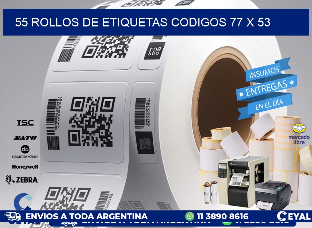 55 ROLLOS DE ETIQUETAS CODIGOS 77 x 53