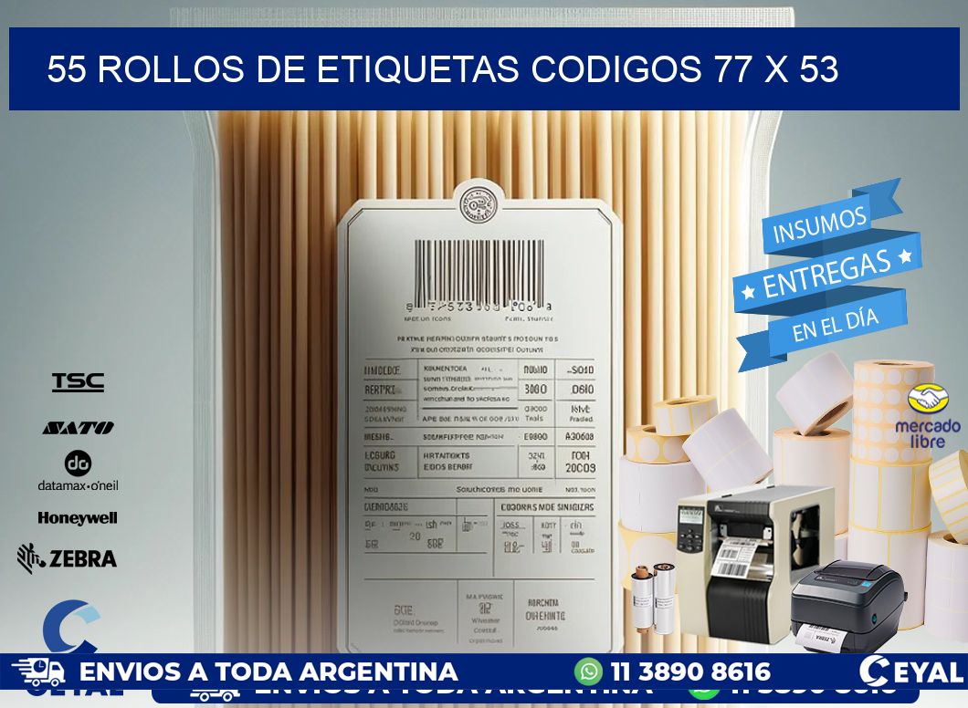 55 ROLLOS DE ETIQUETAS CODIGOS 77 x 53