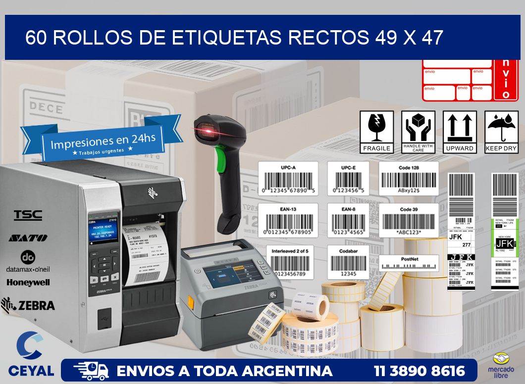 60 ROLLOS DE ETIQUETAS RECTOS 49 x 47