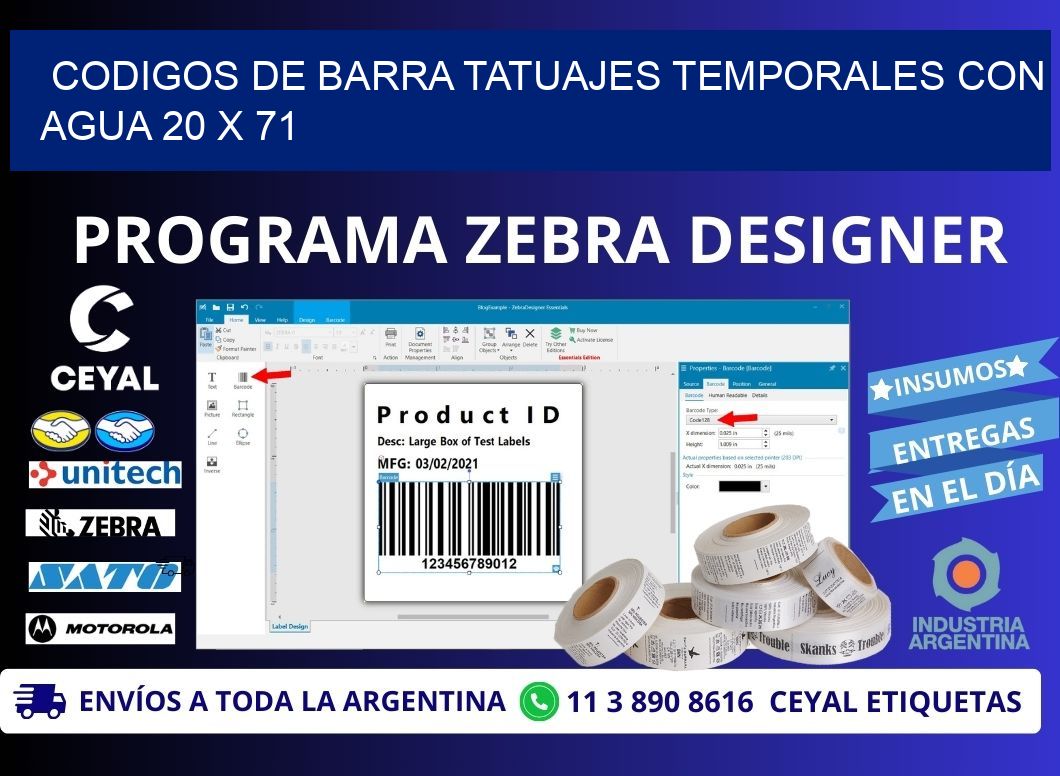 CODIGOS DE BARRA TATUAJES TEMPORALES CON AGUA 20 x 71