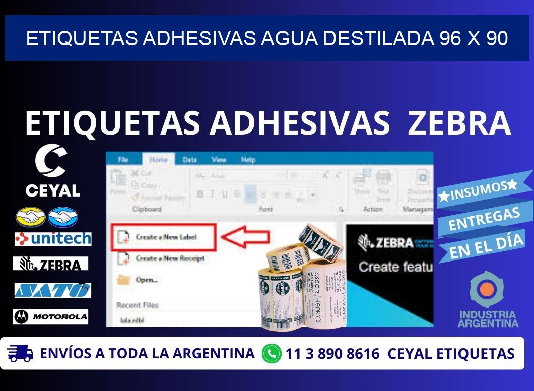 ETIQUETAS ADHESIVAS AGUA DESTILADA 96 x 90