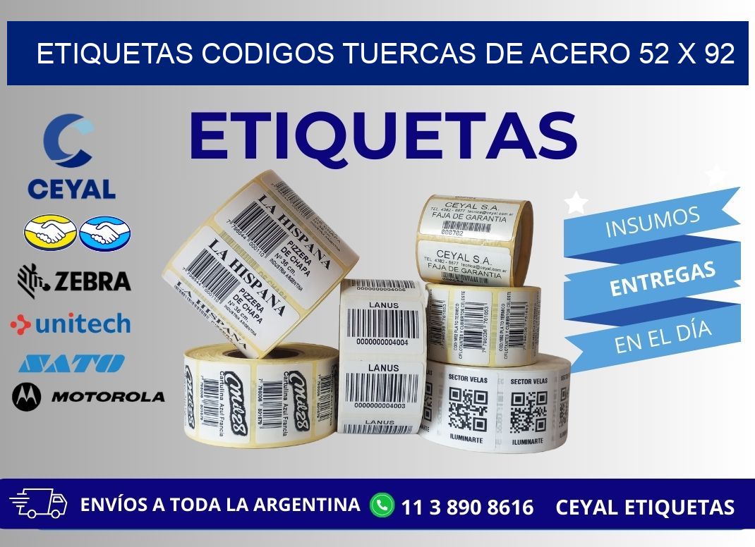 ETIQUETAS CODIGOS TUERCAS DE ACERO 52 x 92