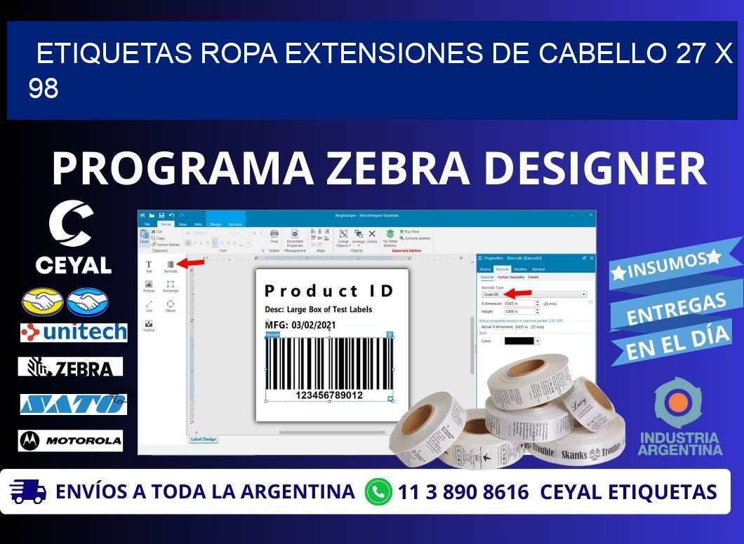 ETIQUETAS ROPA EXTENSIONES DE CABELLO 27 x 98