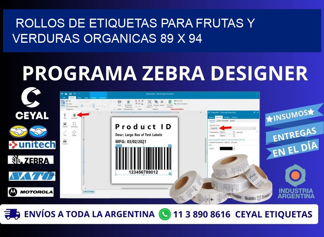 ROLLOS DE ETIQUETAS PARA FRUTAS Y VERDURAS ORGANICAS 89 x 94