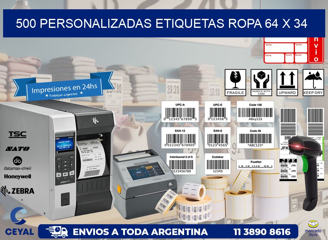 500 PERSONALIZADAS ETIQUETAS ROPA 64 x 34