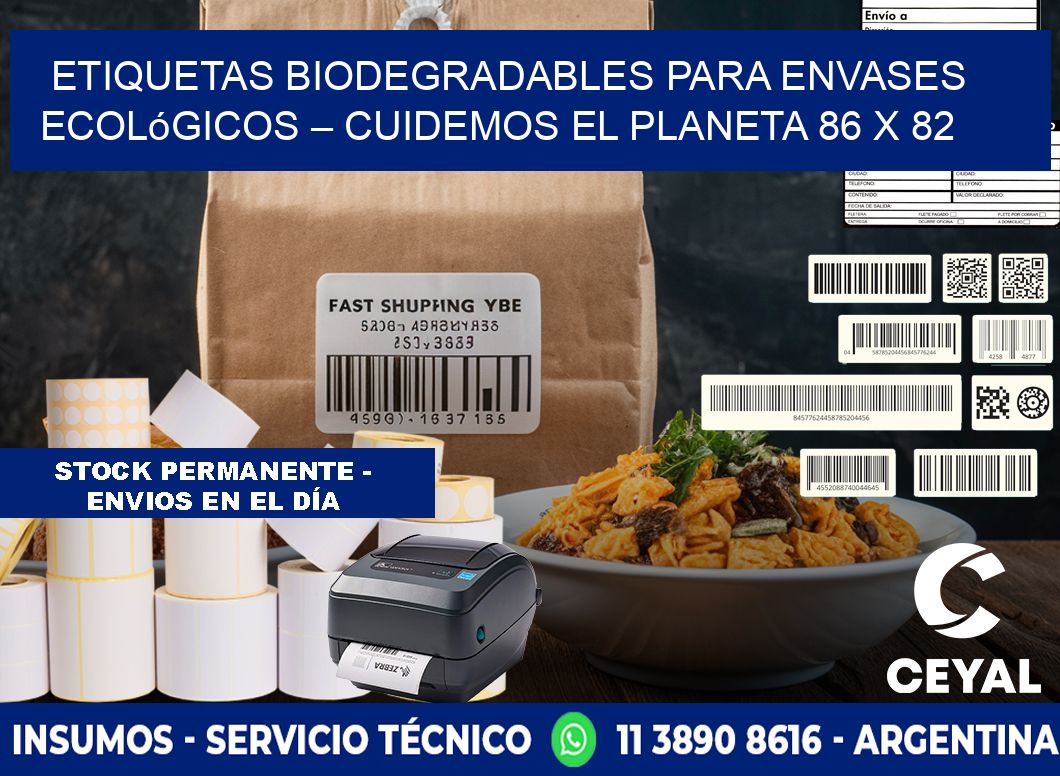 Etiquetas biodegradables para envases ecológicos – Cuidemos el planeta 86 x 82