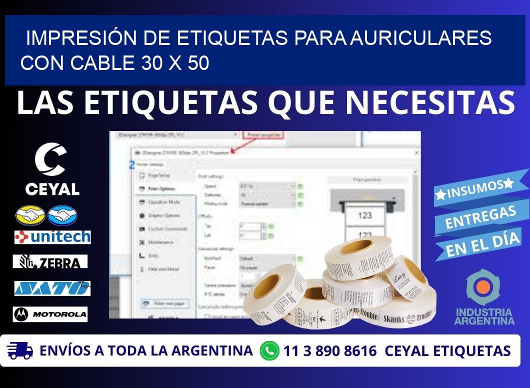 IMPRESIÓN DE ETIQUETAS PARA AURICULARES CON CABLE 30 x 50