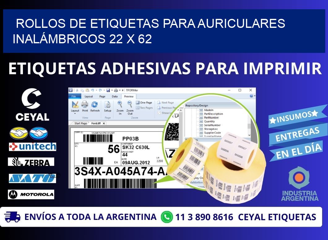 ROLLOS DE ETIQUETAS PARA AURICULARES INALÁMBRICOS 22 x 62